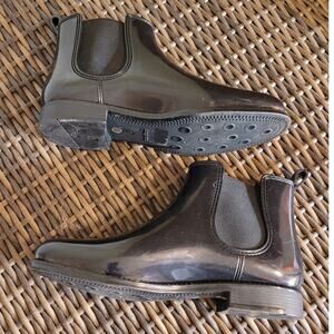 HENRY FERRERA Marsala Black Vegan Patent Leather Rain Boots 8 Waterproof Ankle